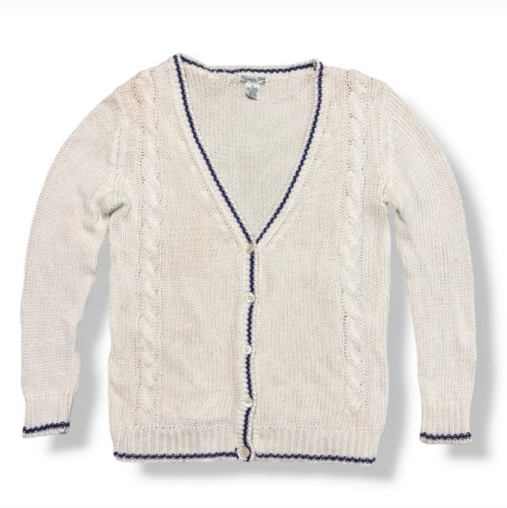 CHRISTIAN DIOR Ivory Knit Linen Blend Cardigan Purple Accent Line VINTAGE - Picture 2 of 10